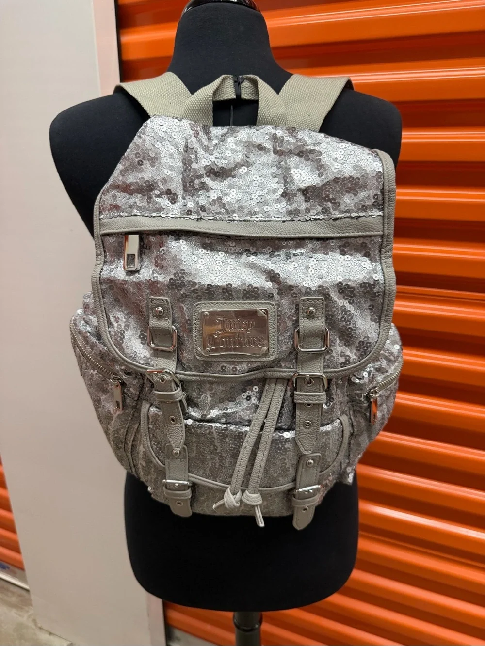 NWT Juicy Couture Silver Sequin Backpack with Buckle Details